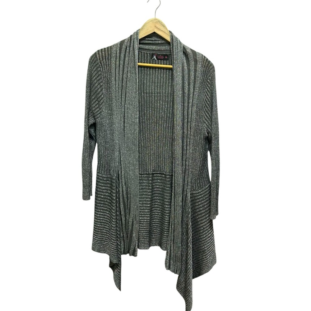 Model France Silver Metallic Open Front Ribbed Cardigan Size M